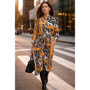 New YorK & Company  Chain Print Zebra Midi Shirt Dress M Belted Power Statement